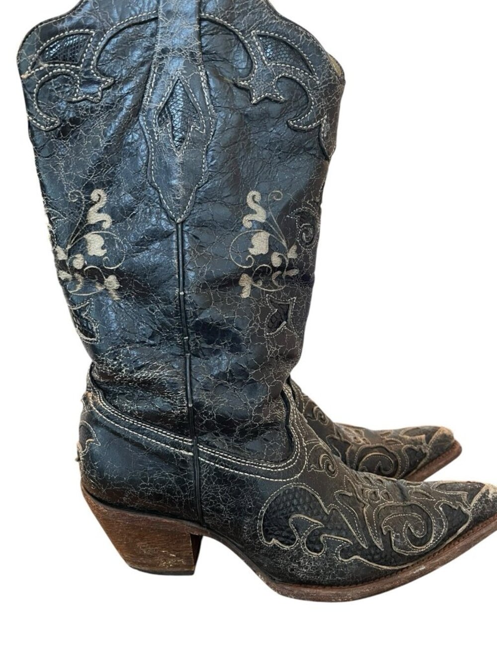 Corral Womens Size 7 M Black Genuine Lizard Leather Floral Inlay Cowgirl Boots - Picture 3 of 10